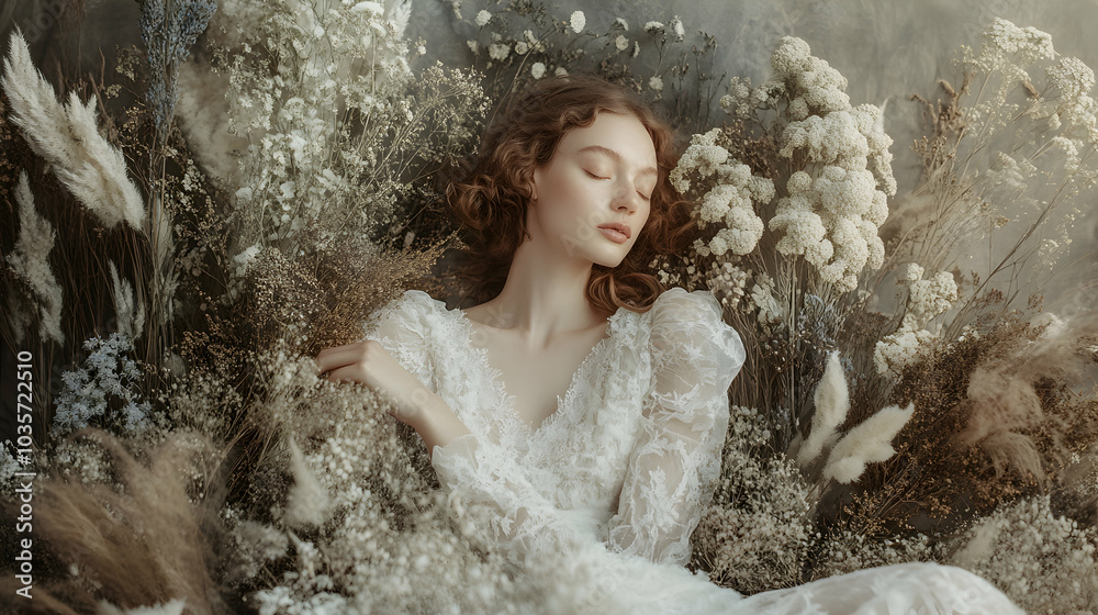 Serene portrait of a woman in a white dress surrounded by dried floral arrangements, creating a soft ambiance - Serene portrait of a woman in a white dress surrounded by dried floral arrangements, creating a soft ambiance -