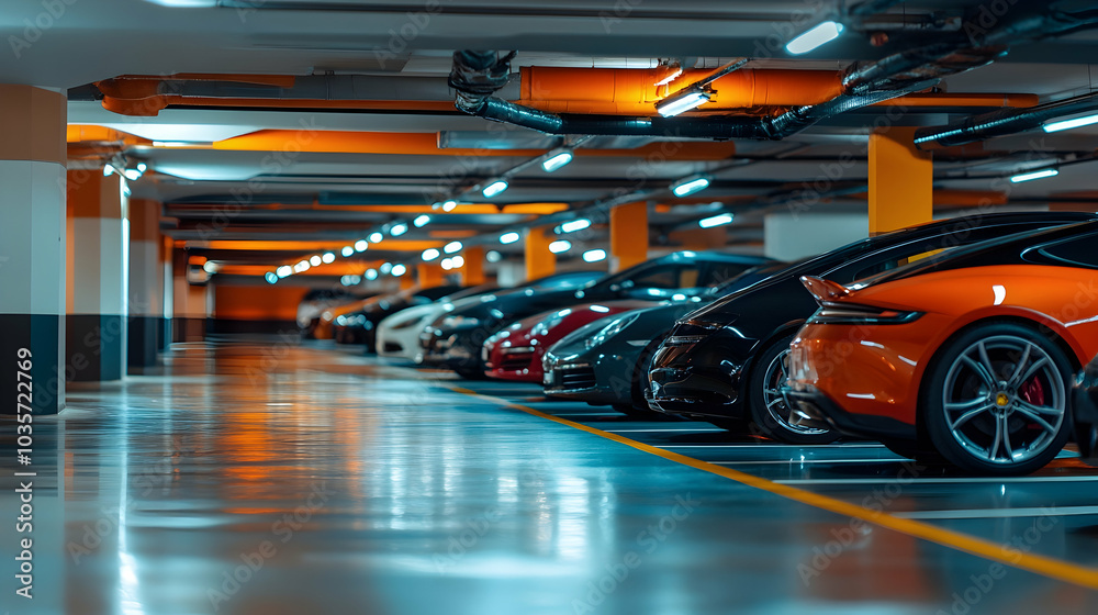 Sleek luxury underground parking garage with a line of high-end cars  -  
