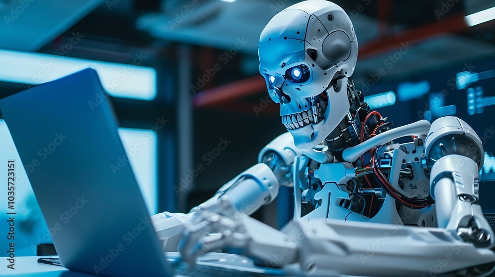 A humanoid robot with glowing eyes working on a laptop in a futuristic environment. A humanoid robot with glowing eyes working on a laptop in a futuristic environment.