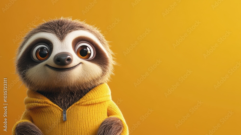 Obraz premium Cute Cartoon Sloth in Bright Yellow Background