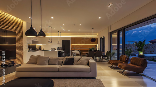 Stylish modern living room with pendant lamps  down lights  and LED strips for a cozy  elegant ambiance  -  