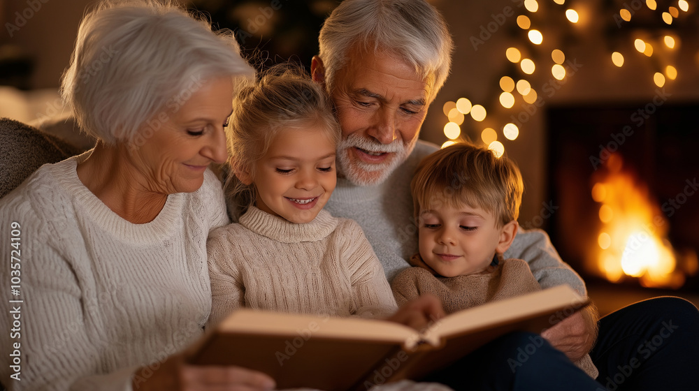 A multigenerational family sitting together on a rug in front of a fireplace, looking at an old family photo album. Grandparents hold the album, with children and grandchildren lea A multigenerational family sitting together on a rug in front of a fireplace, looking at an old family photo album. Grandparents hold the album, with children and grandchildren lea