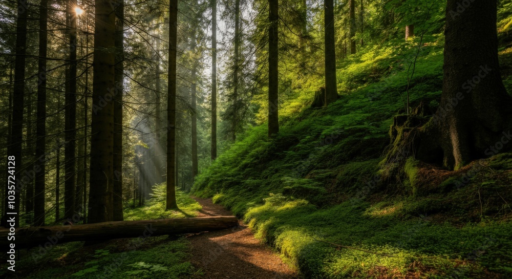 Fototapeta premium Sunbeams Through the Trees in a Lush Forest
