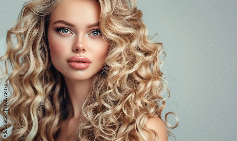 Fototapeta premium Glorious blonde model face. Long blond hair, fresh skin and natural make-up looking at camera