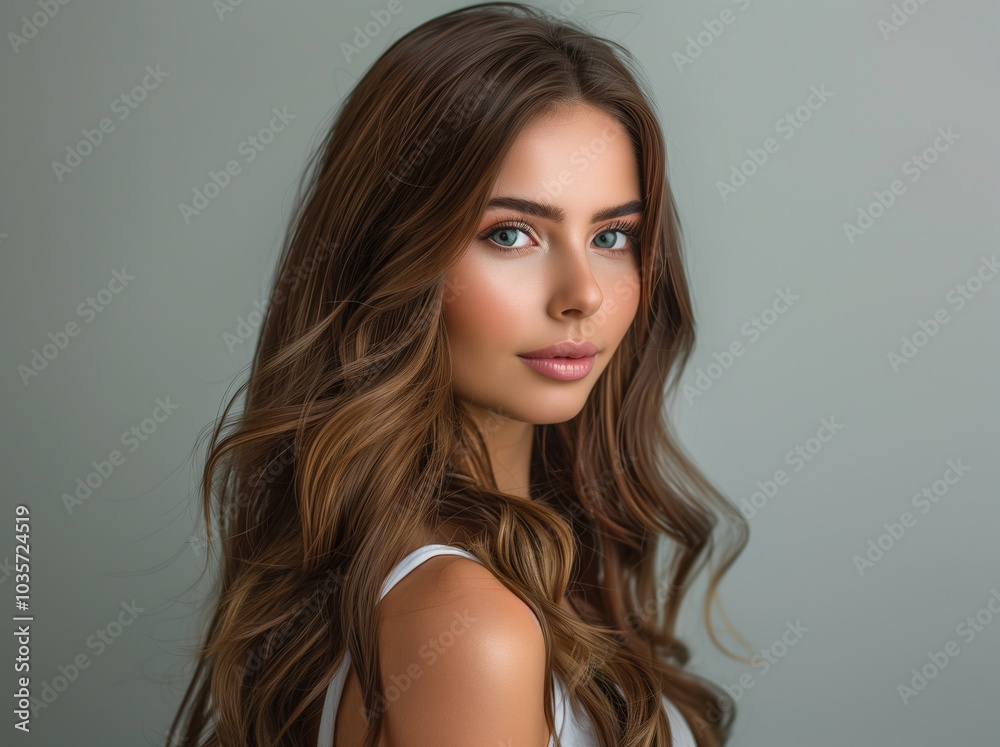 Naklejka premium Adorable brunette model woman with long curly hair. Young adult woman with hairstyle wavy curls. Fashion, beauty and makeup concept
