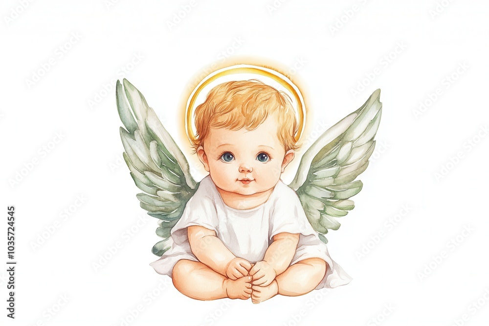 Fototapeta premium Angelic baby cherub, purity and peace, glowing halo, isolated on white background, watercolor painting