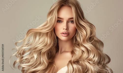 Healthy female model with long blonde hair on gray background. Woman with glossy wavy white hairstyle and make-up.