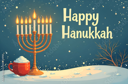 Hanukkah celebration with gifts and candle decorations. The Jewish religion, illustration of 