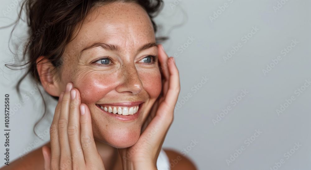 Healthy senior woman touching her perfect clean fresh skin. Beautiful portrait mid 50s aged woman advertising facial antiage lift products and salon care on grey studio background Healthy senior woman touching her perfect clean fresh skin. Beautiful portrait mid 50s aged woman advertising facial antiage lift products and salon care on grey studio background