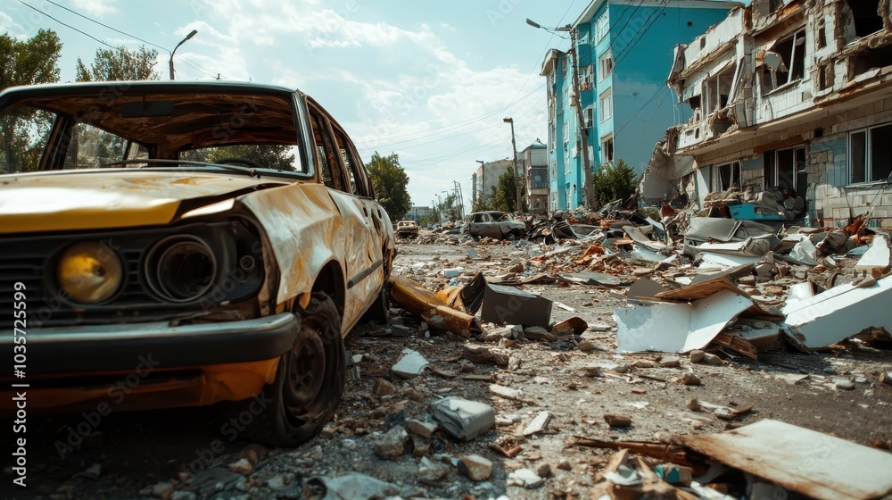 Fototapeta premium A chaotic urban devastation scene reveals wrecked vehicles and destroyed buildings, leaving a desolate, haunting landscape, symbolic of destruction and resilience.