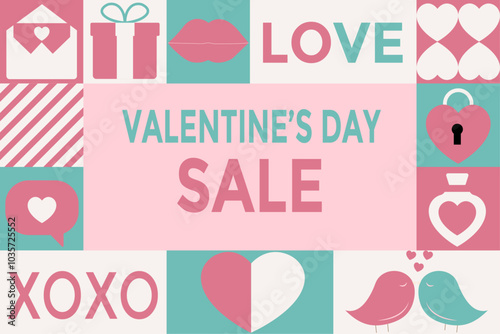 Valentine's day sale geometric banner with simple geometry symbols of Romantic love icons. Template offer of big discounts. Posters, flyers, design for covers, web. Invitation for shopping.