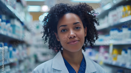 Young beautiful smiling African-American female pharmacist with curly hair standing next to the pharmacy shelves