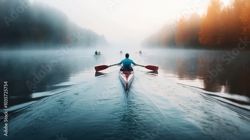 A group of rowers gracefully navigate through a serene river, enveloped in morning mist and framed by autumnal trees, capturing the essence of tranquility in nature. photo