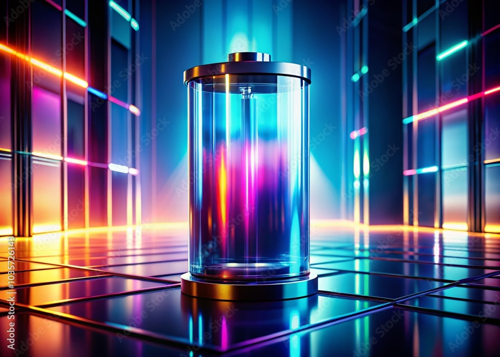 Futuristic Digital Illustration of a Cylindrical Glass Battery in Fashion Photography Style Futuristic Digital Illustration of a Cylindrical Glass Battery in Fashion Photography Style