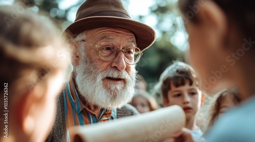 An elderly man with a warm expression and a full white beard passionately tells a story to a group of enthralled children in a picturesque outdoor setting. photo