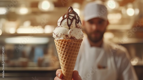 A person holds a delicious ice cream cone topped with chocolate drizzle.