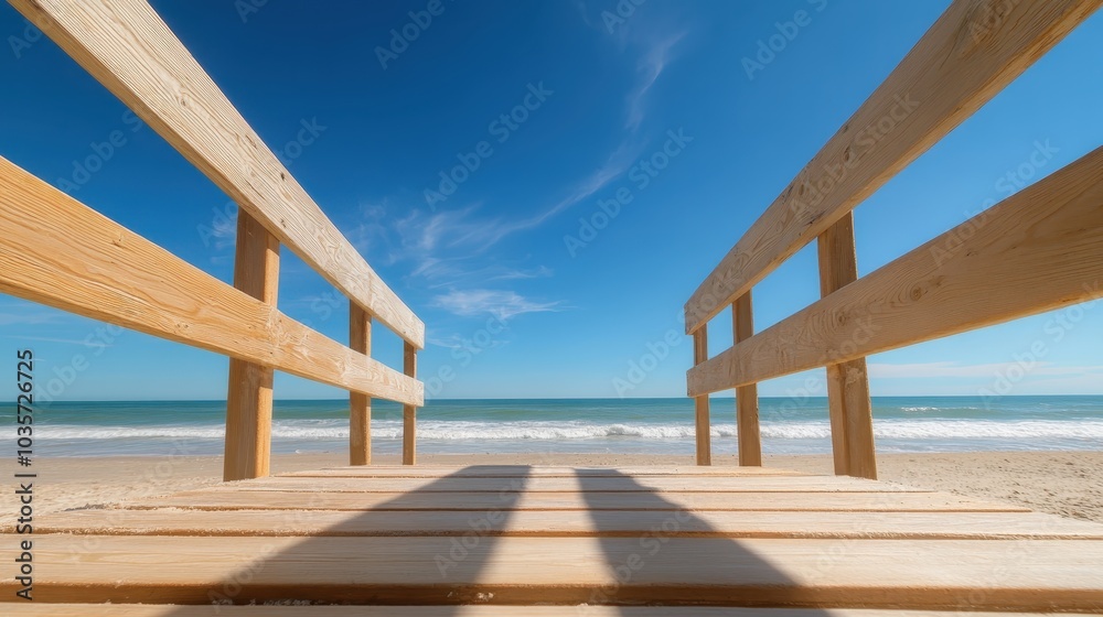 A wooden boardwalk leads to a sun-kissed beach, capturing the essence of summer, serenity, and the inviting warmth of the ocean and sky. A wooden boardwalk leads to a sun-kissed beach, capturing the essence of summer, serenity, and the inviting warmth of the ocean and sky.