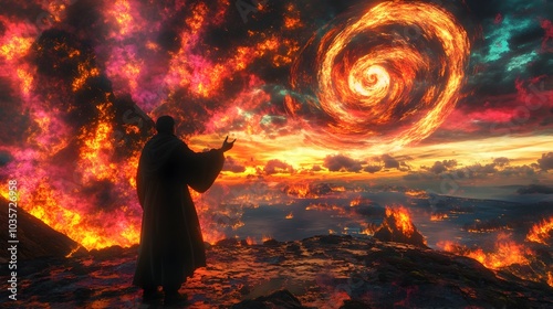 Mystical Pyromancer Conjuring Spiraling Flames in Dreamlike Fantasy Realm with Floating Islands photo