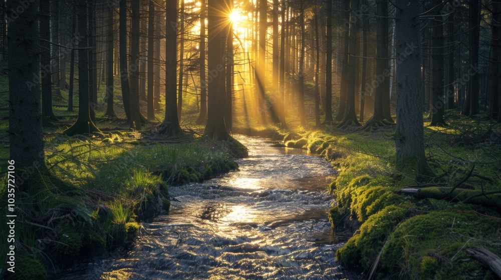 Naklejka premium Sunbeams Illuminating a Forest Stream