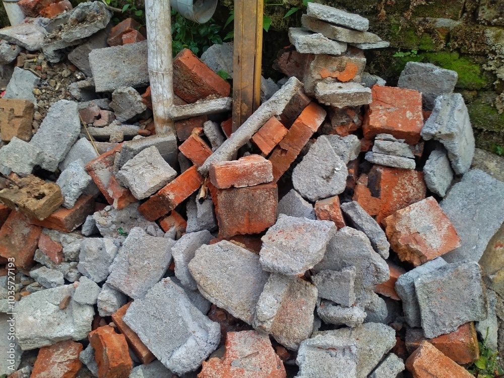 The ruins of a destroyed building. The demolished wall shows the material inside. The ruins of a destroyed building. The demolished wall shows the material inside.