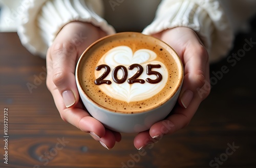 female hands in a white sweater hold a mug of cappuccino with foam and numbers 2025 from syrup