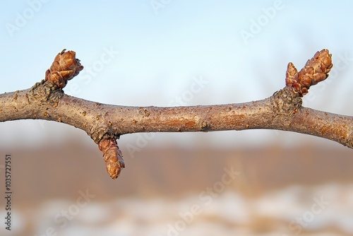 A Branch with Dormant Buds in Early Spring photo