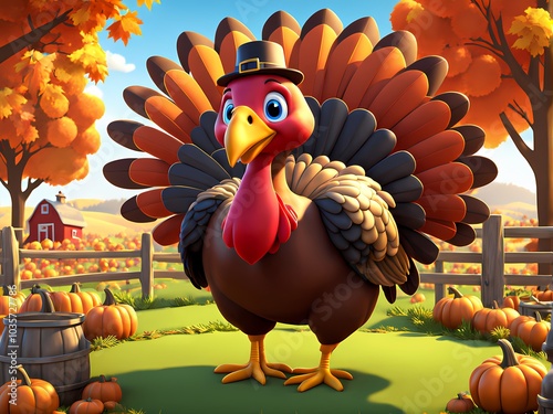 Adorable 3D illustration of a Thanksgiving turkey located on a farm. photo