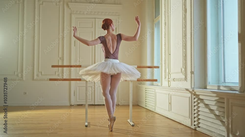Young ballerina in tutu skirt stretching practicing ballet positions dancing near ballet barre in dance class. Young classical dancer woman in dance studio. Ballet class training Ballet school concept Young ballerina in tutu skirt stretching practicing ballet positions dancing near ballet barre in dance class. Young classical dancer woman in dance studio. Ballet class training Ballet school concept