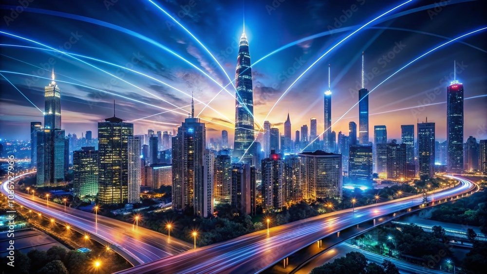 Obraz premium Futuristic Tech City at Night with High-Speed Data Transfer and Superfast Broadband Abstract Background