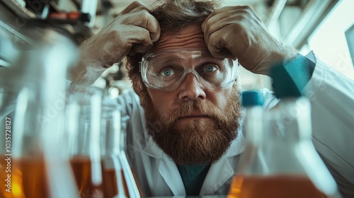 A scientist wearing goggles appears overwhelmed amidst his experimental work, surrounded by beakers filled with orange liquid, conveying a sense of tension and uncertainty.