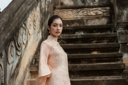 Thai women wear traditional Thai dresses. At the Songkran festival