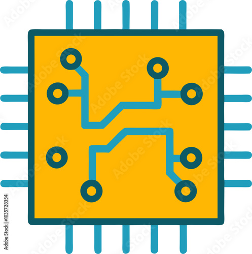 Minimalist microchip icon with a colorful design, featuring blue and yellow tones, 심플한 디자인의 파란색과 노란색으로 구성된 마이크로칩 아이콘