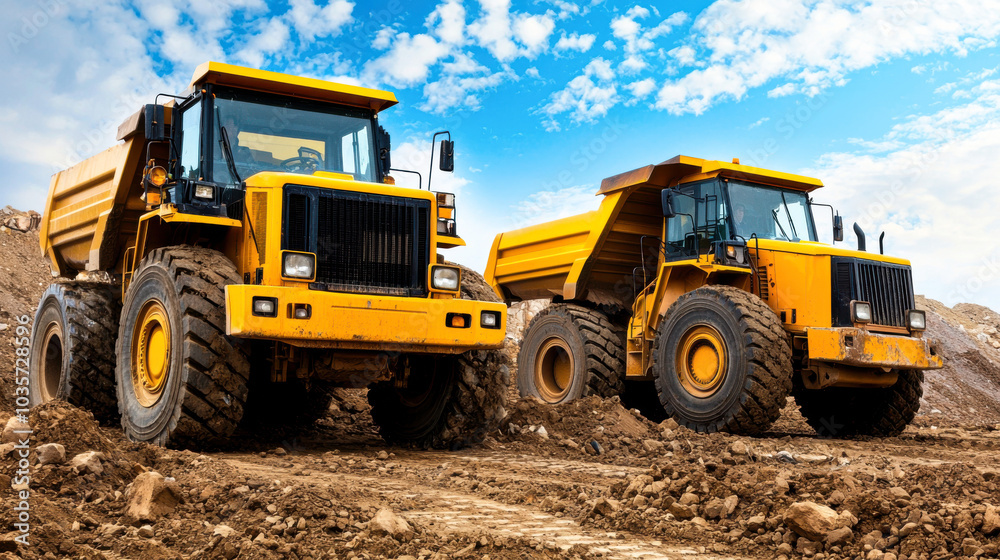 Heavy duty dump trucks are parked on construction site, showcasing their robust design and powerful capabilities. bright yellow color contrasts with earthy tones of ground, emphasizing their Heavy duty dump trucks are parked on construction site, showcasing their robust design and powerful capabilities. bright yellow color contrasts with earthy tones of ground, emphasizing their