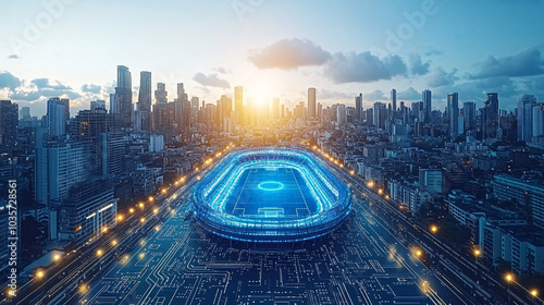 Futuristic Stadium in Cityscape with Digital Circuit Board