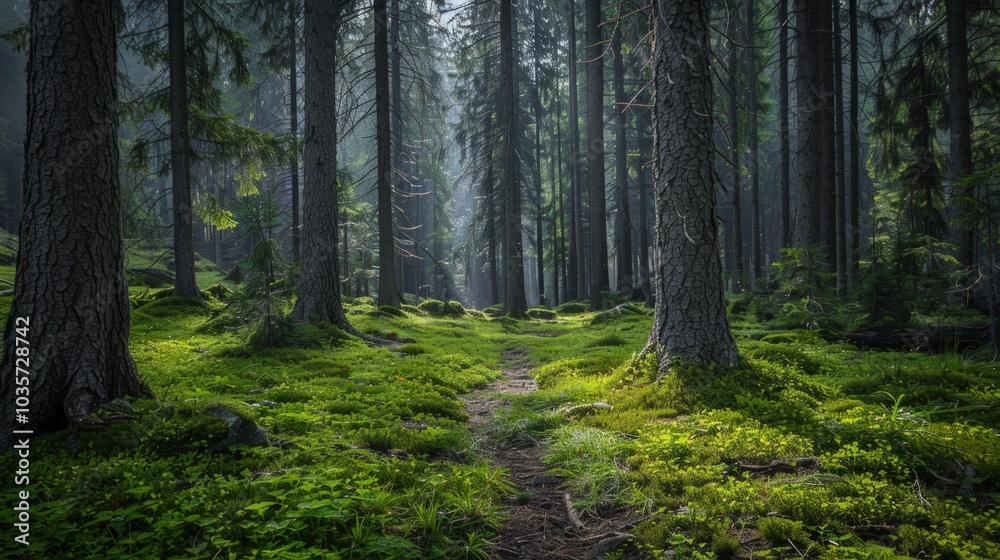 Fototapeta premium Sunbeams Illuminating a Forest Path