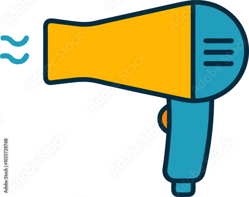 Minimalist hair dryer icon with a colorful design, featuring yellow, blue, and orange tones, 심플한 디자인의 헤어드라이어 아이콘, 노란색, 파란색, 주황색으로 구성된 디자인