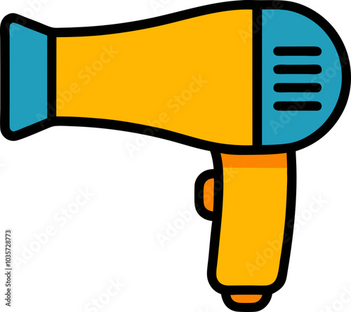 Minimalist hair dryer icon with a colorful design, featuring yellow, blue, and orange tones, 심플한 디자인의 헤어드라이어 아이콘, 노란색, 파란색, 주황색으로 구성된 디자인