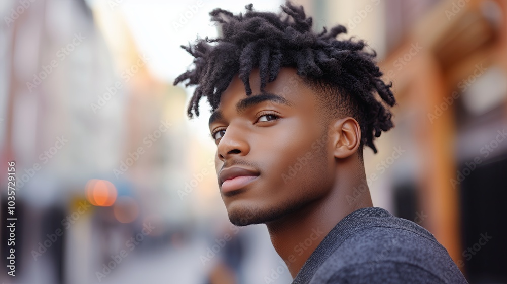 Textured waves hairstyle on a young African-American man, moisturized shine, urban street background, candid photography style, photorealistic Textured waves hairstyle on a young African-American man, moisturized shine, urban street background, candid photography style, photorealistic