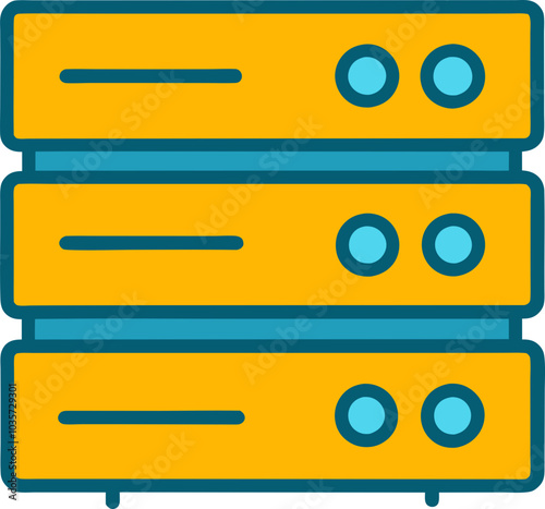 Minimalist server icon with colorful outline design, featuring red, white, blue, and yellow server stacks from front and side views, 심플한 디자인의 서버 아이콘, 빨간색, 흰색, 파란색, 노란색으로 구성된 서버 스택 전면 및 측면 뷰