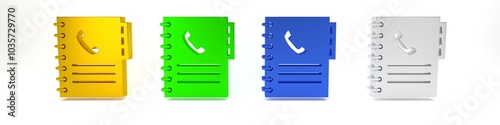 Colorful Phone book icon isolated on white background. Address book. Telephone directory. Minimalism concept. 3D render illustration