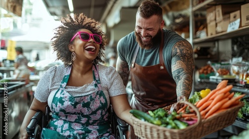 A joyful chef and a woman in a wheelchair share laughter and positive vibes in a busy market, surrounded by fresh vegetables and community spirit.