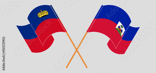 Crossed and waving flags of Liechtenstein and Republic of Haiti. Vector illustration