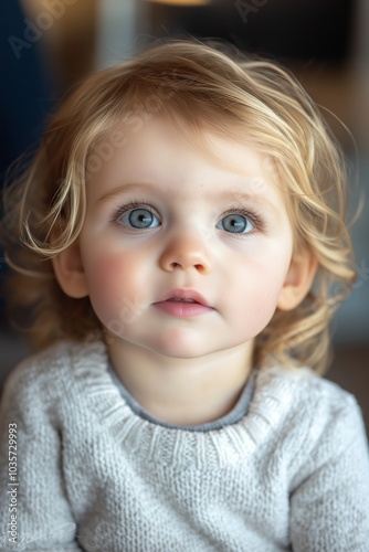 A toddler with striking blue eyes gazes intently, bathed in soft, flattering light, capturing innocence and wonder.