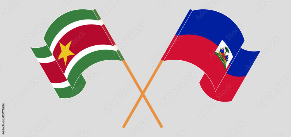 Crossed and waving flags of Suriname and Republic of Haiti. Vector illustration Crossed and waving flags of Suriname and Republic of Haiti. Vector illustration