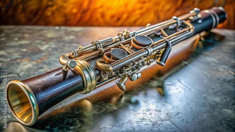 Naklejka premium Gleaming Retro-Futuristic Clarinet Fusion - Classic and Contemporary Design Aesthetics in Low Light Photography