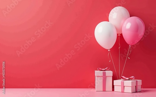 gift box with balloons and ribbon  in red background . ballon christmas decoration. party balloons with ribbon in white background, ballon isoated in white background , birhtday decorati photo