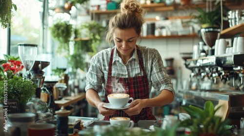 A barista, immersed in her craft, expertly creates a latte art design in a vibrant café, resonating warmth and passion for the art of coffee making. photo