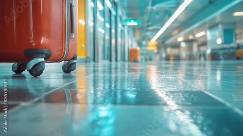 An orange suitcase sits on shiny tiles at a sleek, modern airport terminal, symbolizing travel, adventure, and a journey into the unknown in contemporary style. photo