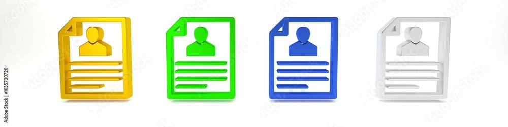 Colorful Resume icon isolated on white background. CV application. Searching professional staff. Analyzing personnel resume. Minimalism concept. 3D render illustration Colorful Resume icon isolated on white background. CV application. Searching professional staff. Analyzing personnel resume. Minimalism concept. 3D render illustration
