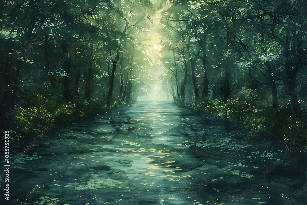 Enchanted Forest Pathway with Sunlight Reflections on Water Enchanted Forest Pathway with Sunlight Reflections on Water